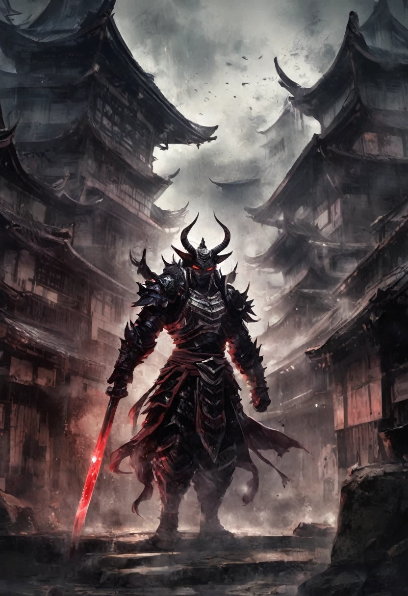 Black and white painting,Ink Painting,Please describe Splash Shuten-doji。He is a powerful demon、It is a terrifying creature that lives deep in the mountains.。Highlight the following features::
- **Appearance**: Shuten Doji is、Huge and red skinned、It has a frightening appearance with protruding horns.。Big eyes burning with anger、The smell of alcohol is coming from his mouth。his body is muscular、I can feel the strength。
- **Costume**: Wearing traditional demon armor、Black armor with red trim。The armor is battle scarred、It feels old.。
- **Movement**: Shuten Doji is、威圧的で自信に満ちたMovementを見せます。His steps shook the ground、It has an overwhelming presence in the surroundings。
- **background**: 山奥の隠れ家のようなbackgroundで、The ruins of an old shrine and barren nature are spread out here.。The fog rolls in、There is an eerie atmosphere in the air。Upload People