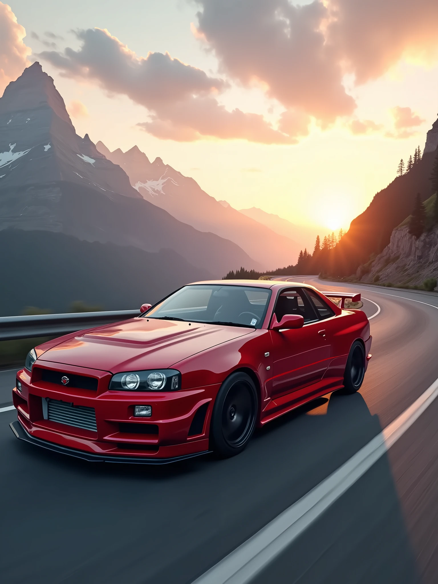 A stunning 4K wallpaper featuring a sleek blue Nissan Skyline GT-R (R34) racing down a winding mountain road. The car's body is painted in a vibrant red hue, with the sun setting behind it, casting a warm golden glow on the vehicle. The background showcases a breathtaking mountain range, with a mix of soft clouds and a vibrant orange sky. The overall effect is a captivating blend of speed, power, and natural beauty.