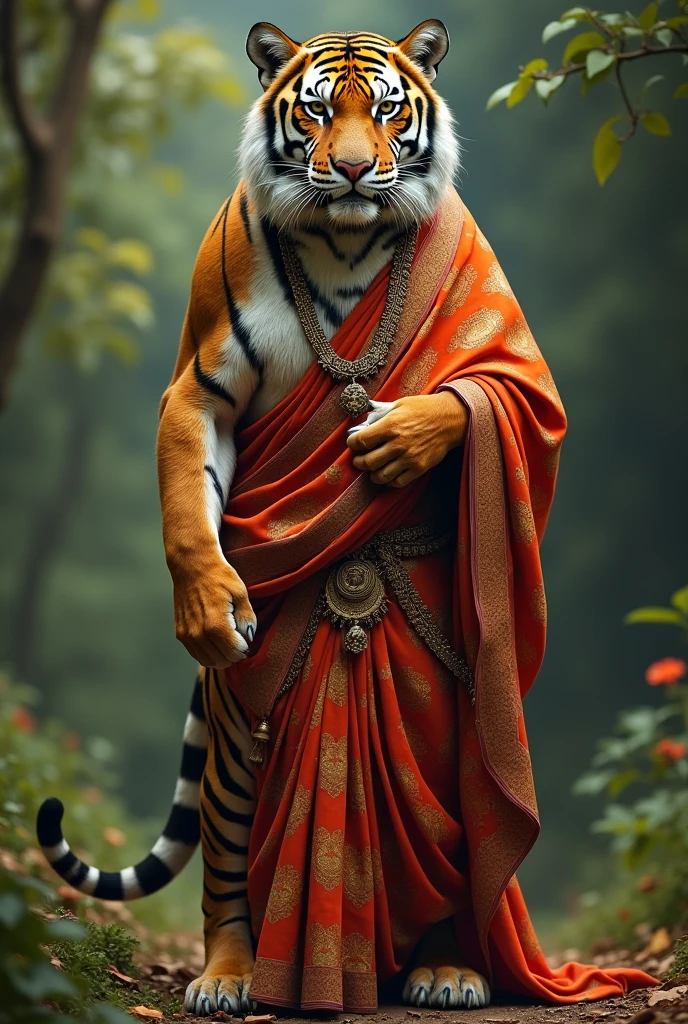 A tiger wareing a sharee and standing like human position