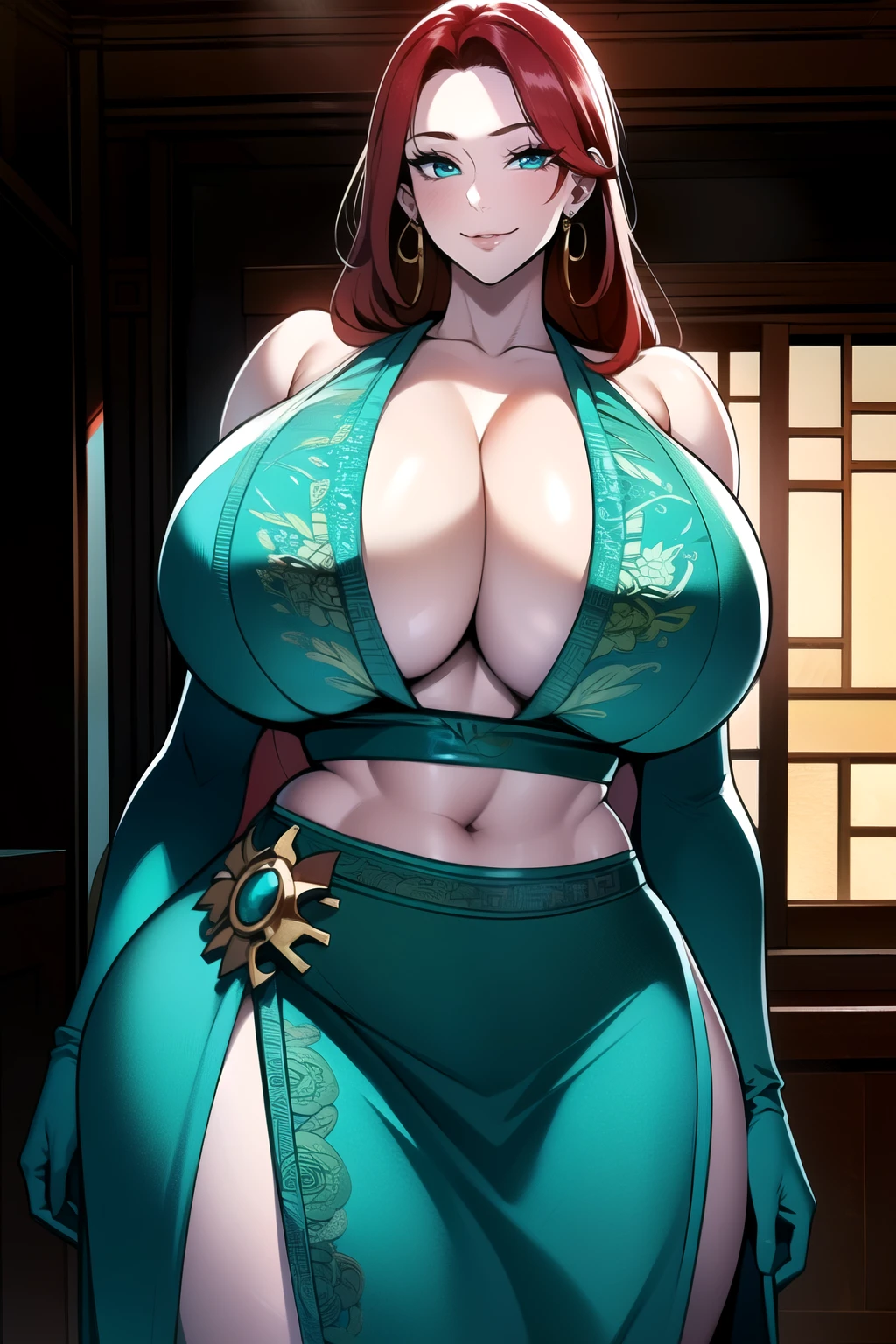 ultra realistic 8k cg, masterpiece, ((ultra detailed background, intricate detail, highly detailed, fine details best quality, hyperdetailed face)), gigantic breasts ,beautiful lighting, absurdres, BoaHancockV2, 1girl, solo, (red hair : 1.3), long hair, jewelry, closed mouth, ), cleavage, (chinese dress : 1.1), (underboob : 1.4), elbow gloves, thigh boots, bare shoulders,, bare shoulders, curvy, midriff, curvy, thighs, shiny clothes), turquoise eyes, complex detailed background, indoor, palace), ((cowboy shot)), curvy, (gigantic breasts: 1.1), seductive smile, cowboy shot, earrings, jewelry