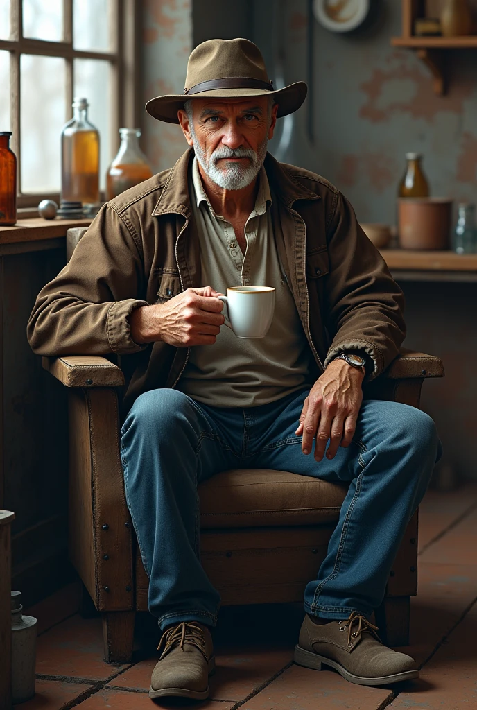 old man, macular, good looking, wearing dirty white Henley, brown cotton waist coat, dark brown jacket, blue jeans, leather shoes, worker style, no beard, white mustache, mining leather hat, seating on chair, full body, and having coffee in glass factory