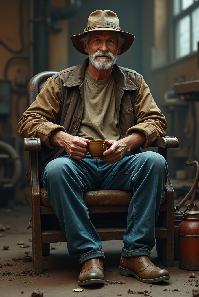 old man, macular, good looking, wearing dirty white Henley, brown cotton waist coat, dark brown jacket, blue jeans, leather shoes, worker style, no beard, white mustache, mining leather hat, seating on chair, full body, and having coffee in glass factory
