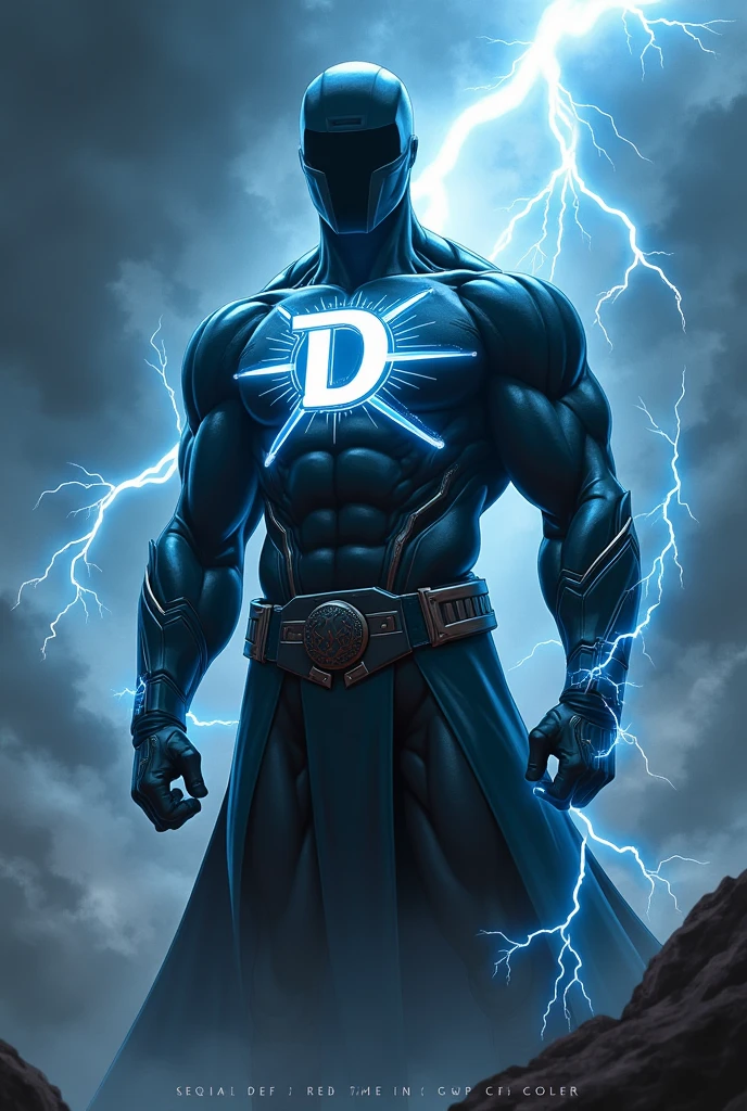 Create a superhero with the letter D on the chest and lightning bolts around it 