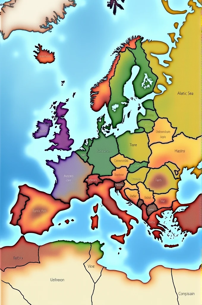 To create the Europe map image, here is a detailed plan:
Map Title:
"Climate Map of Europe"
Climate Legends and Colors:
Temperate Oceanic Climate: Light Green Mediterranean Climate: Yellow Humid Subtropical Climate: Orange Temperate Continental Climate: Dark Green Subarctic Climate: Purple Arctic Climate: White Mountain Climate/Alpino: Brown Climate Areas:
The areas of the map will be filled with the colors above, according to the geographical distribution of climates.
Ocean and Seas:
Atlantic Ocean and North Sea: Nominees e pintados de azul-claro.
Baltic Sea, Mediterranean Sea, Black Sea and Caspian Sea: Nominees