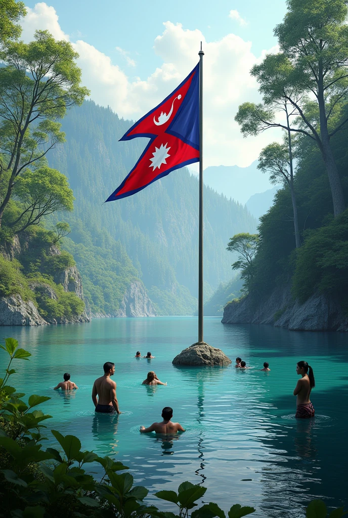 Nepali flag tree and lake centre flying many member swimming their and mahadev also looking this flag 