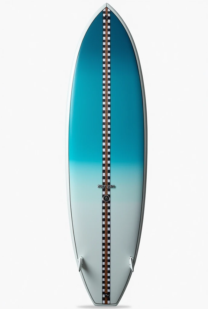 A surfboard with a blue top, which runs from light blue to dark blue. From top to bottom there are two parallel stripes which are black and white checkered. The top has a white border. The checkered stripes run from the tip of the board to the tail!!! Lengthwise not crosswise!!! There are two stripes, which are separated by the stringer!!! The white border around the blue area is also important!!!are you stupid???
