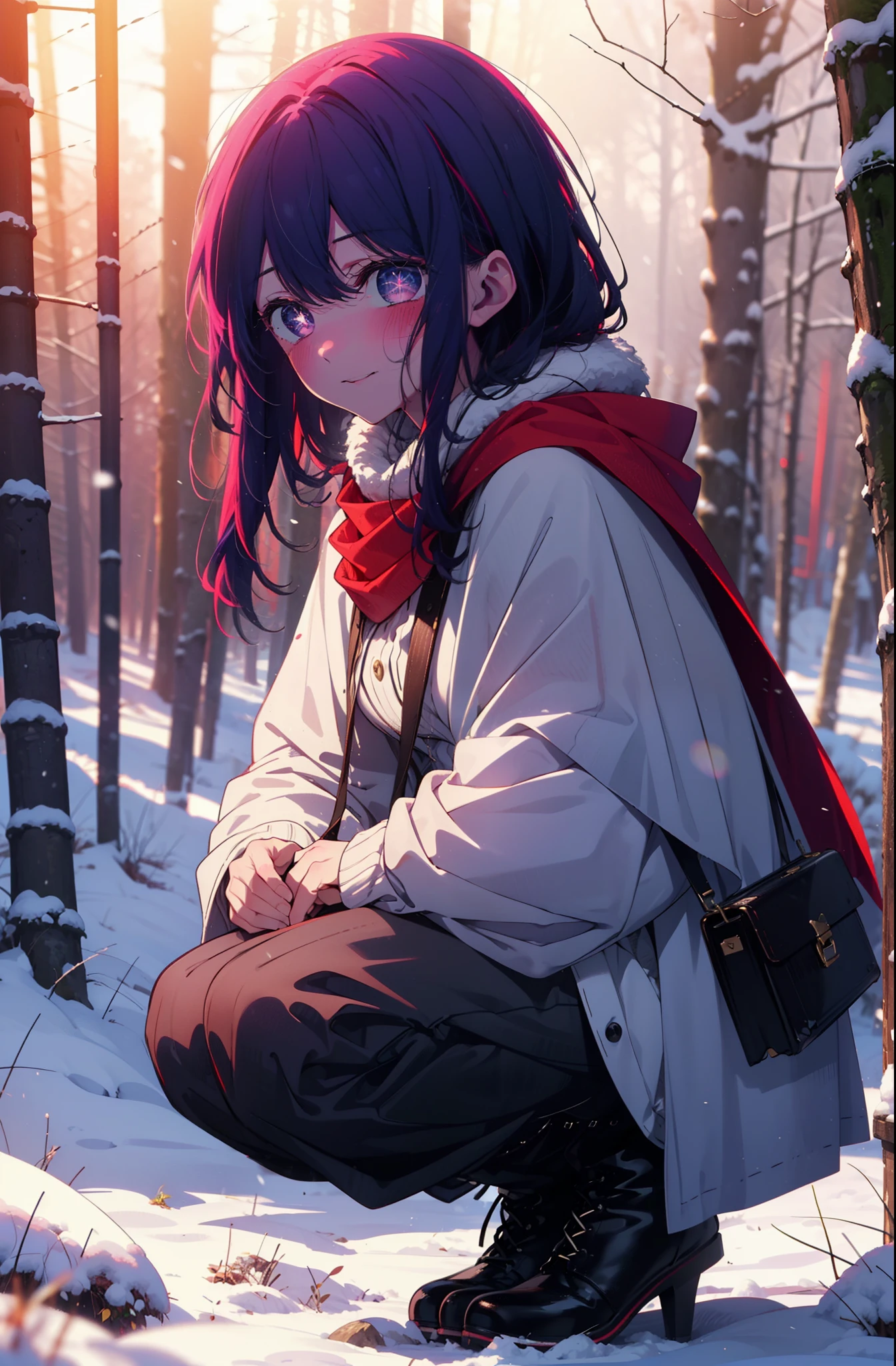 aihoshino, Ai Hoshino, Long Hair, bangs, (Purple eyes:1.1), Purple Hair, (Symbol-shaped pupil:1.5), smile,,smile,blush,white breath,
Open your mouth,snow,Ground bonfire, Outdoor, boots, snowing, From the side, wood, suitcase, Cape, Blurred, , forest, White handbag, nature, Squat, Mouth closed, Cape, winter, Written boundary depth, Black shoes, red Cape break looking at viewer, Upper Body, whole body, break Outdoor, forest, nature, break (masterpiece:1.2), Highest quality, High resolution, unity 8k wallpaper, (shape:0.8), (Beautiful and beautiful eyes:1.6), Highly detailed face, Perfect lighting, Highly detailed CG, (Perfect hands, Perfect Anatomy),