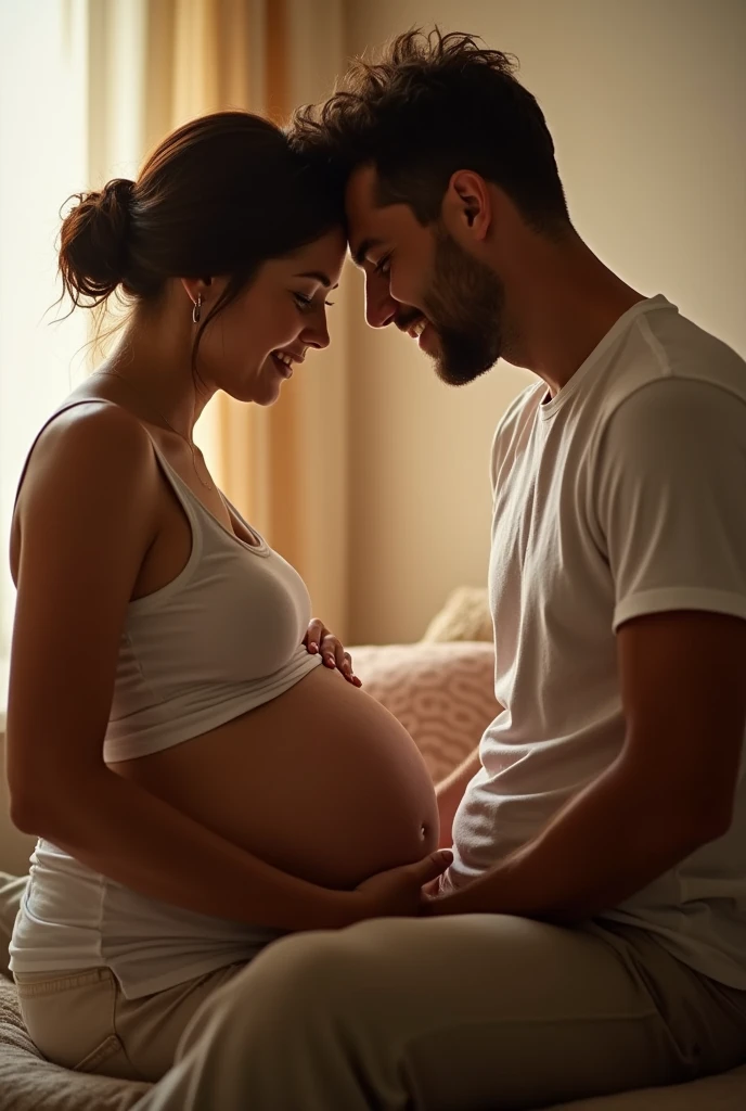 Photo d'une femme gros ventre assise, et l'homme met sa tête sur le ventre de la femme, écoutant bouger de l'enfant dans le ventre de la femme. 