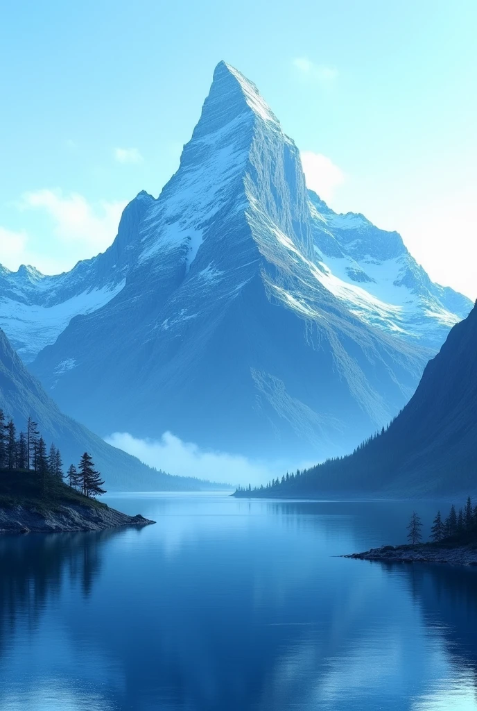 a blue mountain and a calm lake below it