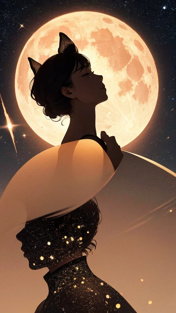 Highest quality,Big moon and shadow,A silhouette of a person can be seen against the backdrop of a large moon.,There is one full moon,There is a mood,Beautiful scenery,Starry Sky Strawberry Moon, 2 butterflies, shooting star, face up