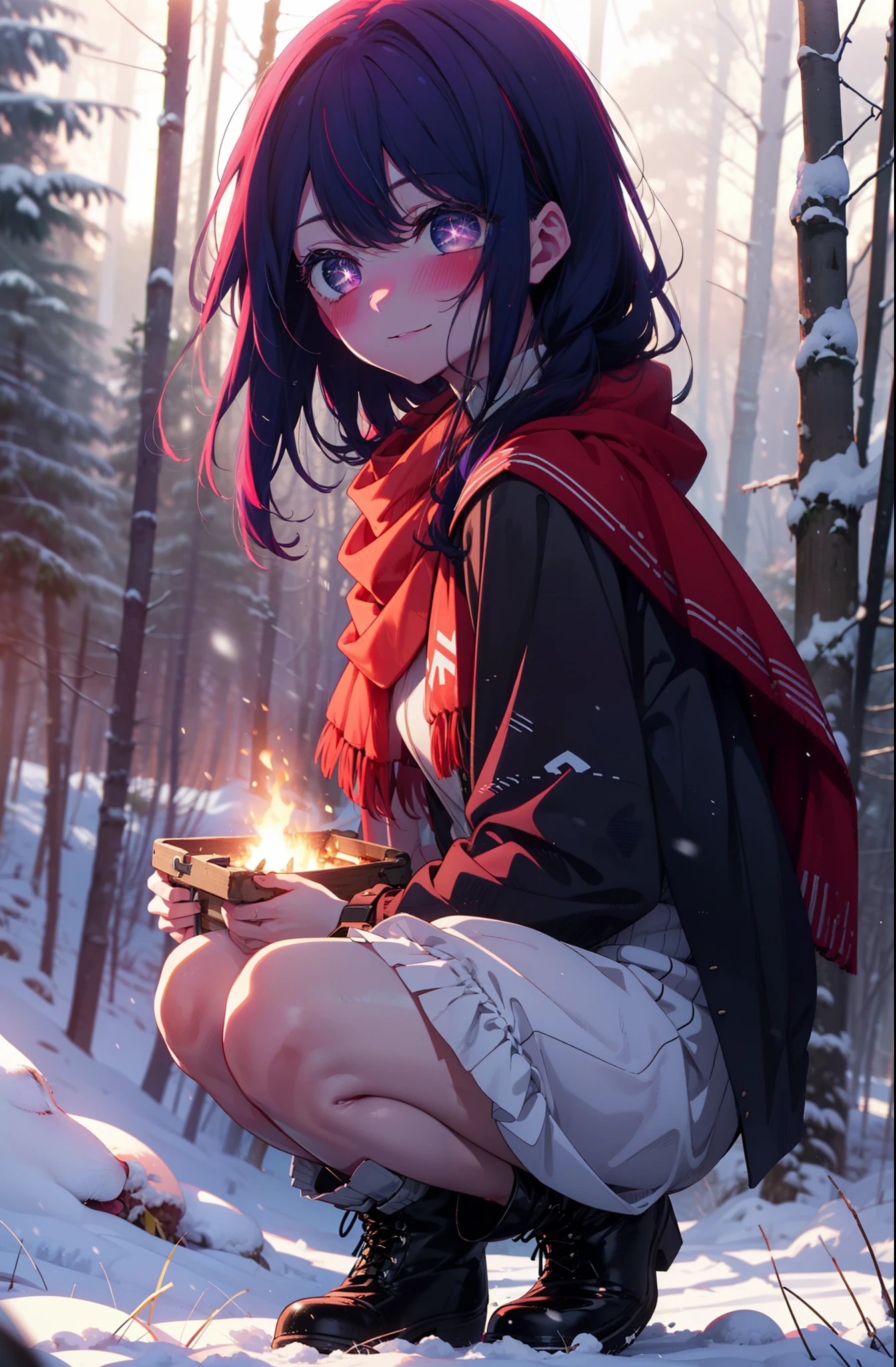 aihoshino, Ai Hoshino, Long Hair, bangs, (Purple eyes:1.1), Purple Hair, (Symbol-shaped pupil:1.5), smile,,smile,blush,white breath,
Open your mouth,snow,Ground bonfire, Outdoor, boots, snowing, From the side, wood, suitcase, Cape, Blurred, , forest, White handbag, nature,  Squat, Mouth closed, Cape, winter, Written boundary depth, Black shoes, red Cape break looking at viewer, Upper Body, whole body, break Outdoor, forest, nature, break (masterpiece:1.2), Highest quality, High resolution, unity 8k wallpaper, (shape:0.8), (Beautiful and beautiful eyes:1.6), Highly detailed face, Perfect lighting, Highly detailed CG, (Perfect hands, Perfect ???????),
