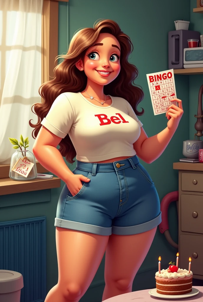 a 32 year old chubby girl long wavey hair wearing t-shirt with name "Bel" and denim short holding a bingo card in her right hand and a calendar in a garbage, and has a cake in her side because it's her birthday