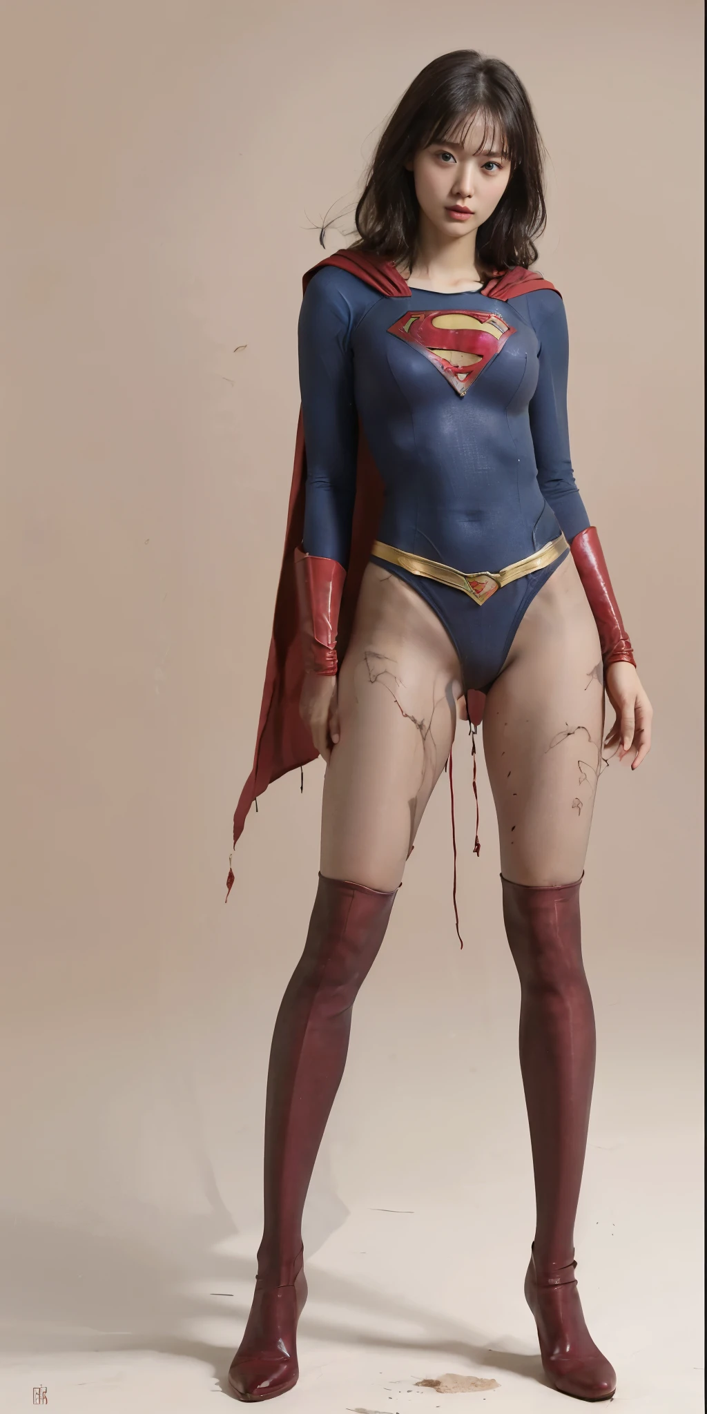 No background、(((Beautiful legs in black tights.)))、(((Legalize the beauty of your suffering face)))、((((Make the most of your original images)))、(((Supergirl Costume)))、(((Beautiful Hair)))、(((suffering)))、(((Please wear black tights....、Wear red boots)))、((Best image quality、8k))、((Highest quality、8k、masterpiece:1.3))、(((Preserve background )))、Sharp focus:1.2、Beautiful woman with perfect figure:1.4、Slim Abs:1.2、Wet body:1.5、Highly detailed face and skin texture、8k