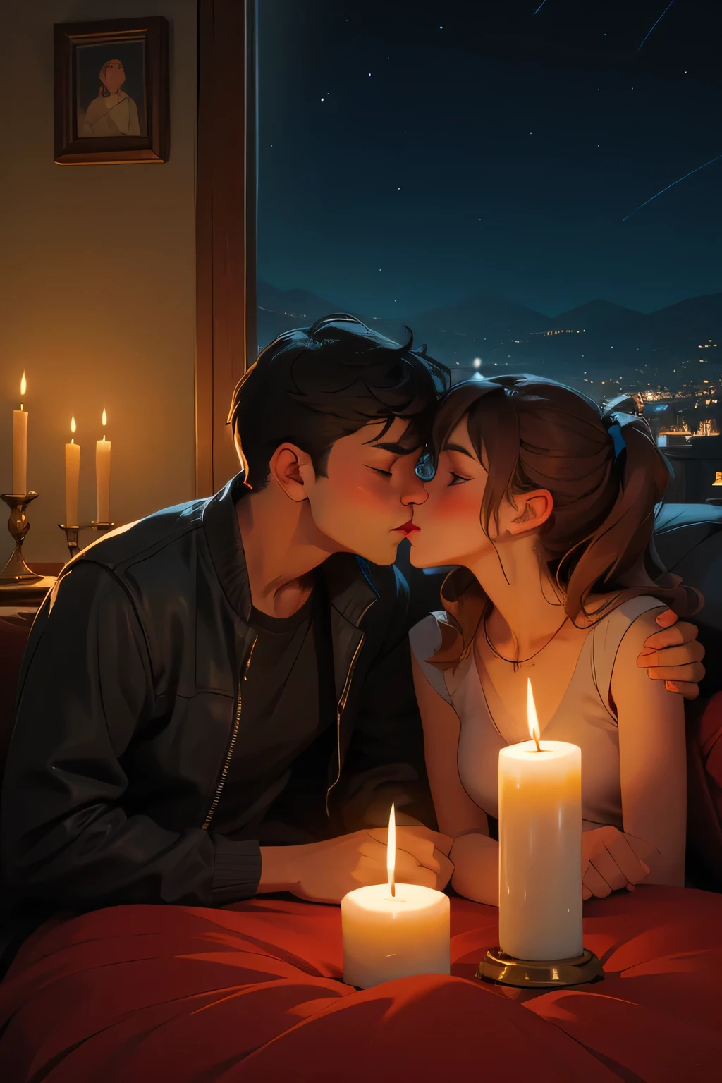Boy and woman, beautiful woman, kissing each other with passion, in a bedroom, bright room, candles lit, night time,