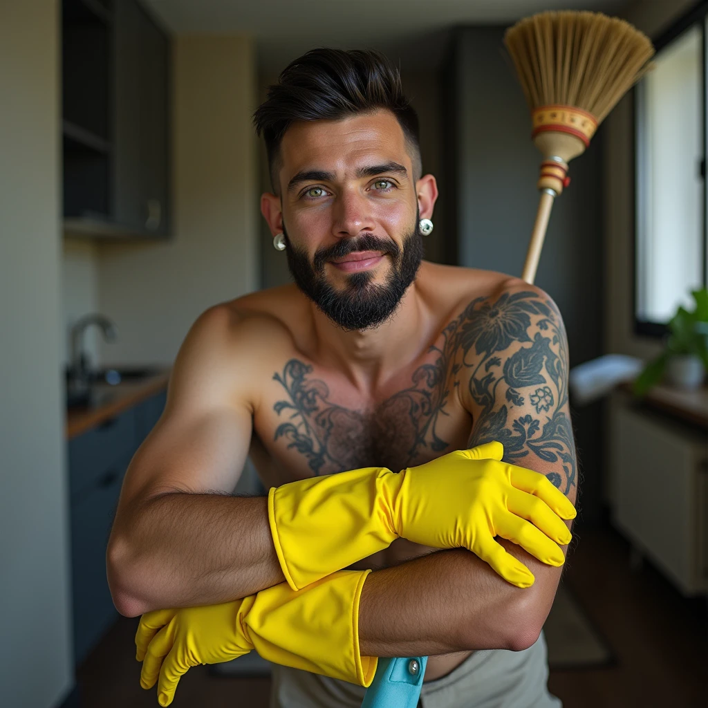 realistic photo for social media of a 33 year old man, born in Teresópolis/RJ, tattoo on right arm, ear rings, dark beard, very white skin, short dark brown hair, small straight nose, sunken eyes green color, sexly. He is dressed as a fairy, using cleaning gloves, leaning on a broom. He is cleaning a dirty modern apartment and smiling shyly