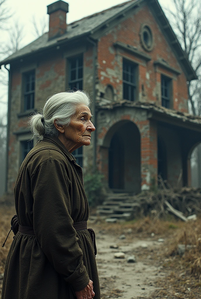 Building with an old lady in front
