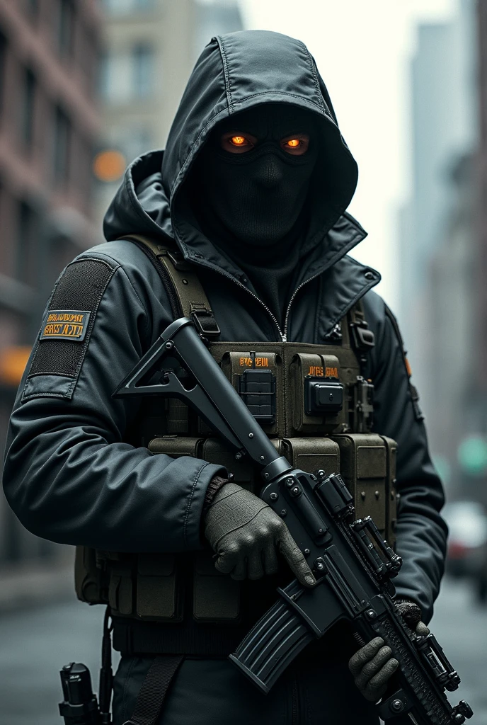 Super soldier who wear mask,hold a gun and a tactical jacket 