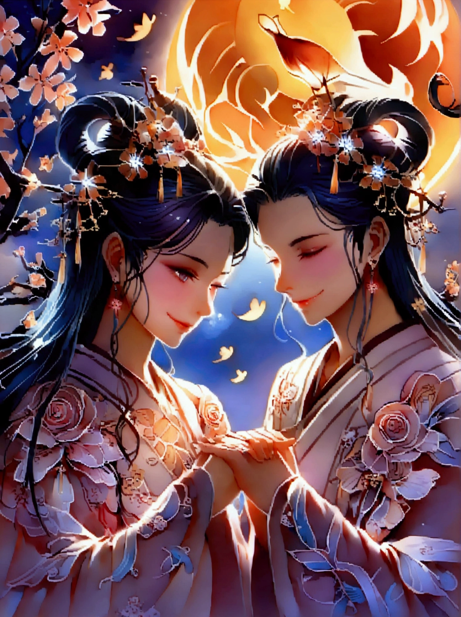 Romantic ancient style,night,Backlight,(Mid-Autumn Festival:1.5),An elegant couple in ancient China,Dressed in gorgeous Hanfu,Purple floats like clouds in the moonlight,Sitting on a laurel tree full of stars,Smiling and holding hands,Starry Sky,Macro lens,moon cake,osmanthus tree,半个moon cake流心,The moon hangs in the sky,Osmanthus scattered on the desktop,The background is a night view of the starry sky,They are surrounded by colorful flowers。This is a fantasy scene style,Flowing,There is a full moon behind it,Fresh colors,Soft colors,Diode lamp,Concept art style,Extremely complex details,Clear distinction between light and dark,Structured,Ultra HD,