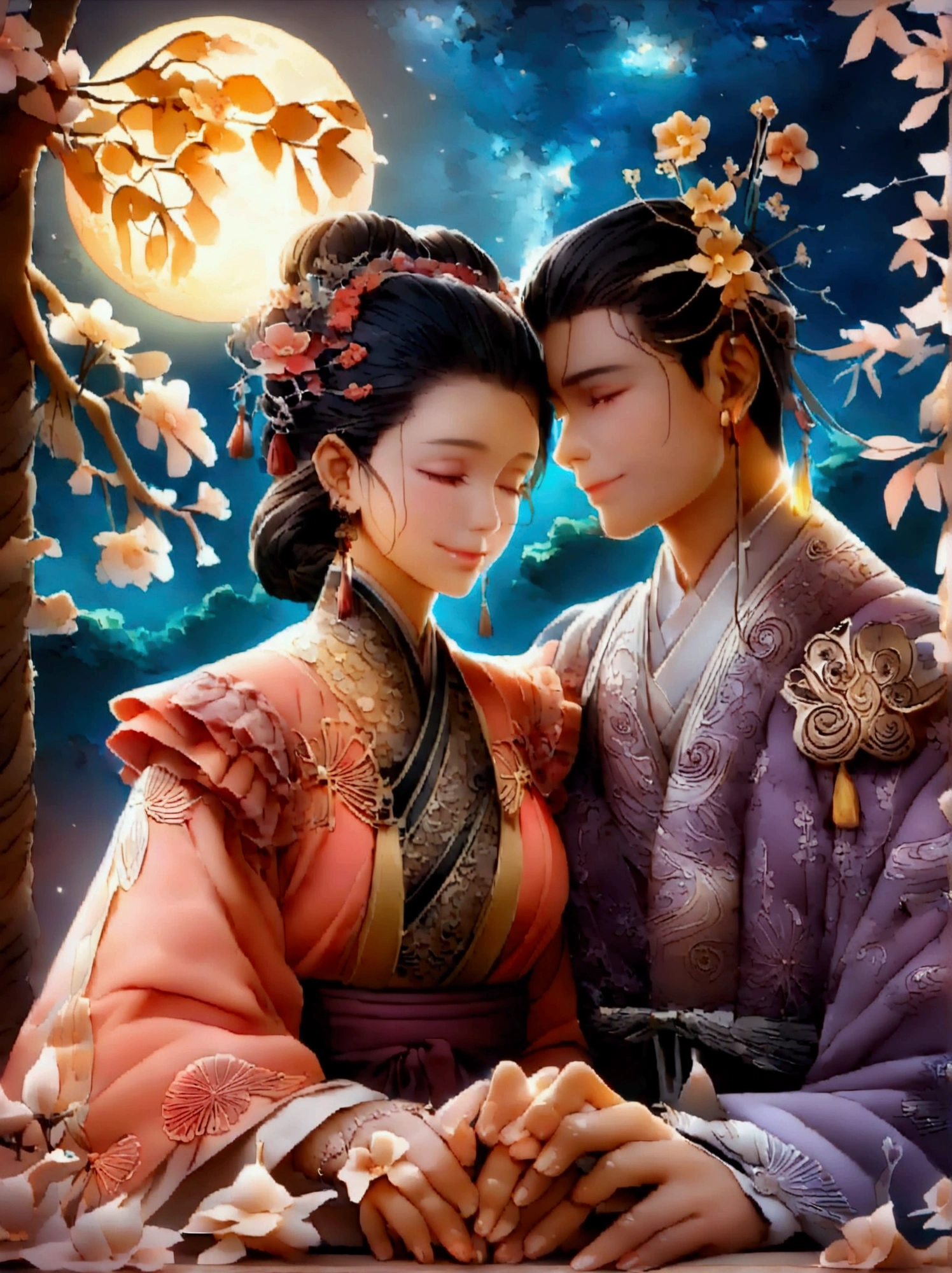 Romantic ancient style,night,Backlight,(Mid-Autumn Festival:1.5),An elegant couple in ancient China,Dressed in gorgeous Hanfu,Purple floats like clouds in the moonlight,Sitting on a laurel tree full of stars,Smiling and holding hands,Starry Sky,Macro lens,moon cake,osmanthus tree,半个moon cake流心,The moon hangs in the sky,Osmanthus scattered on the desktop,The background is a night view of the starry sky,They are surrounded by colorful flowers。This is a fantasy scene style,Flowing,There is a full moon behind it,Fresh colors,Soft colors,Diode lamp,Concept art style,Extremely complex details,Clear distinction between light and dark,Structured,Ultra HD,