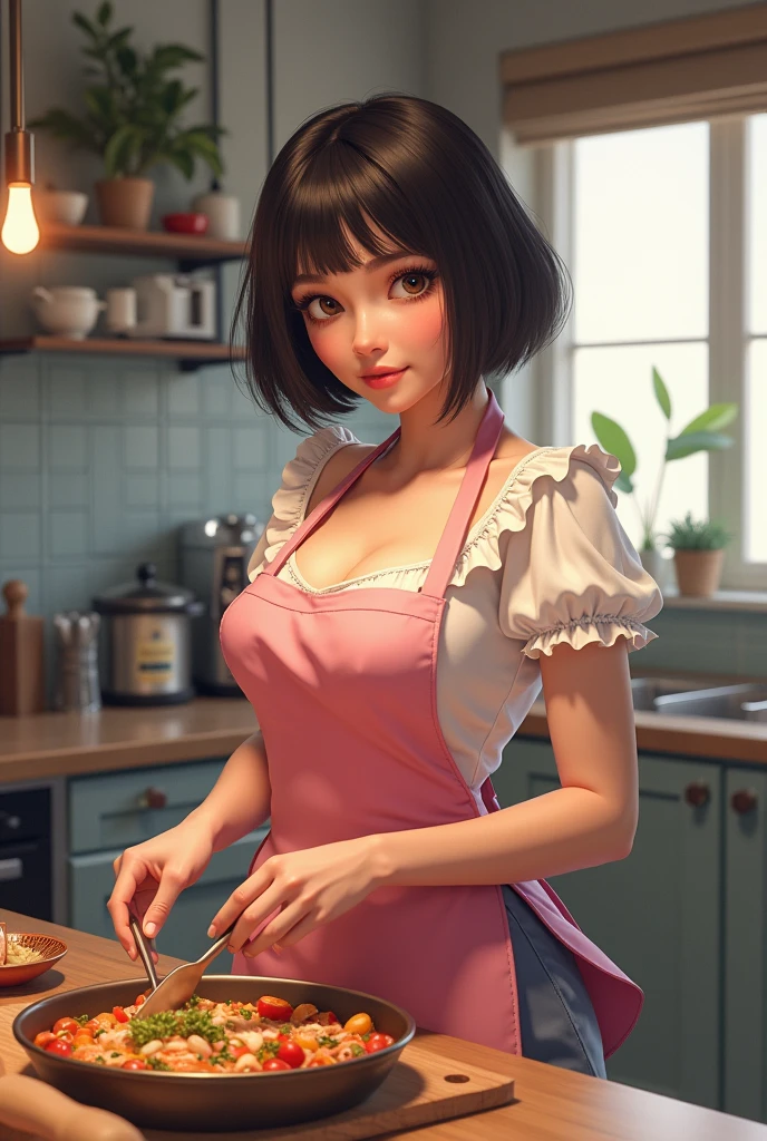 ((Highest quality)),(超High resolution),(Very detailed),(Detailed Description),((The best CG)),(masterpiece),Ultra-detailed art、(Highest quality、8k、32K、masterpiece)、(Realistic)、(Realistic:1.2)、(High resolution)、Very detailed、Very beautiful face and eyes、1 female、Tight waist、Delicate body、(Highest quality、Attention to detail、Rich skin detail)、(Highest quality、8k、Oil paints:1.2)、Very detailed、(Realistic、Realistic:1.37)、Bright colors、1 person、solo、(Mature Woman:1.5)、Bobcut、Black Hair、(Omaki:1.5)、Big Breasts、Detailed beautiful face、Apartment、((Pink Apron、Frilled shirt、Frilled Skirt))、(kitchen、cooking)、masterpiece、Highest quality、Super detailed、Detailed beautiful faceと目、