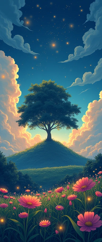 masterpiece!!!! 8k There are huge flowers,    ESTELO ANIME GHIBLI!!!!! The image shows a serene night scene of a Field of Flowers!!!!                       on the Hill, big tree,  majestic clouds billowing blue golden lighting anime 8k l fireflies grass night golden leaves stylo anime ghibli, under tree, boil a night sky, clouds animated lighting!!!!!! and shadow, Firefly