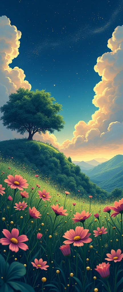 masterpiece!!!! 8k There are huge flowers,    ESTELO ANIME GHIBLI!!!!! The image shows a serene night scene of a Field of Flowers!!!!                       on the Hill, big tree,  majestic clouds billowing blue golden lighting anime 8k l fireflies grass night golden leaves stylo anime ghibli, under tree, boil a night sky, clouds animated lighting!!!!!! and shadow, Firefly