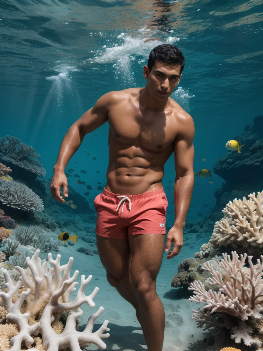(8k, RAW photo, best quality, masterpiece:1.2), (realistic, photo-realistic:1.37), ultra-detailed, (high detailed skin:1.2), 8k uhd, dslr, soft lighting, high quality, film grain, Fujifilm XT3, professional lighting, handsome 1man ,Tall,muscular,2,Latin descent,Tanned olive skin ,olive skin complexion,yeallow skin,Dark black hair, short hair, Lucas in swim trunks and snorkeling gear, exploring the underwater world near a coral reef. The water is crystal clear, with colorful fish and coral all around. Lucas is swimming gracefully, with a look of wonder and excitement. (strong jaw:1) brutal