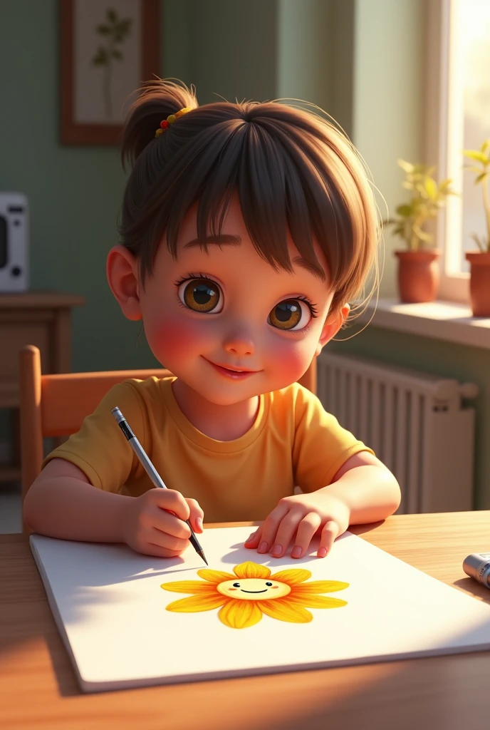 A realistic child model drawing a flower with a smiling face on paper for a magazine cover