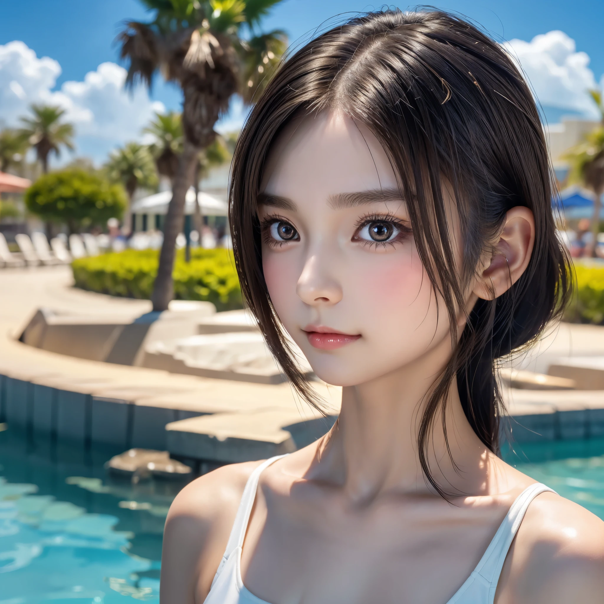 One Girl，Very cute girl at 16 years old，Big eyes:0.5，The face is facing straight ahead，Body facing forward，Beautiful nose，Fuller lips，Short black hair，ponytail，Detailed eyelashes，Thin eyebrows，Symmetrical eyes，Face close-up，White swimsuit，Portrait，View Viewer, half smile:0.5,
