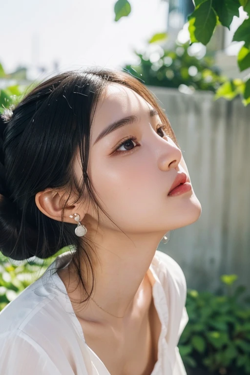 (22 year old Japanese beautiful girl,), (Small perfect breasts,:1.5,),(solo,Textured skin, Detailed skin,Detailed face,Detailed eyes,detailed posing,Natural eyebrows,High detail, Highest quality, Super detailed, Surrealism, ,8k,RAW Photos,Photographicism,Professional Lighting,Ray Tracing,Aperture F1.2,Portrait Photography,Natural Light),(((Black Hair, Natural Makeup,Simple earrings,Bun Hair, Chaoyang,A refreshing morning,OL Blouse,garden,Composition looking up from below)))