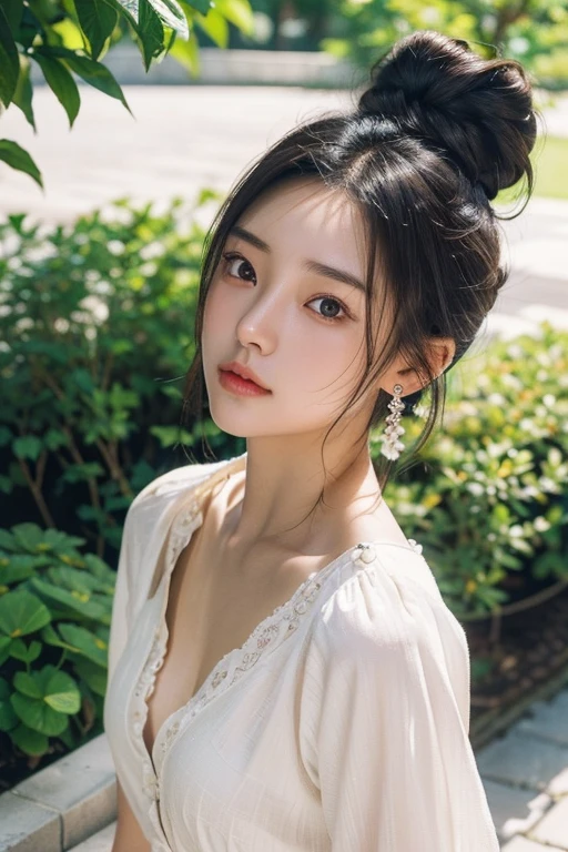 (22 year old Japanese beautiful girl,), (Small perfect breasts,:1.5,),(solo,Textured skin, Detailed skin,Detailed face,Detailed eyes,detailed posing,Natural eyebrows,High detail, Highest quality, Super detailed, Surrealism, ,8k,RAW Photos,Photographicism,Professional Lighting,Ray Tracing,Aperture F1.2,Portrait Photography,Natural Light),(((Black Hair, Natural Makeup,Simple earrings,Bun Hair, Chaoyang,A refreshing morning,OL Blouse,garden,Composition looking up from below)))