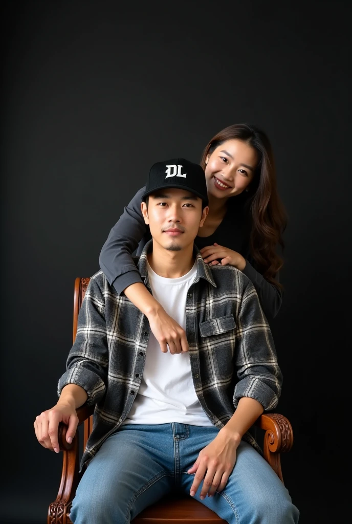 Featuring full HD high resolution images, A handsome Korean man sits on a carved chair smiling at the camera, the man was wearing a white flannel shirt with an open black pattern, white t-shirt, blue jeans and wearing a black beanie hat with the letters DL written on it, seen behind the man stands a beautiful woman wearing a white flannel shirt with a red pattern, the woman put her arms around the man&#39;s neck and smiled., all black photography room background, realistic