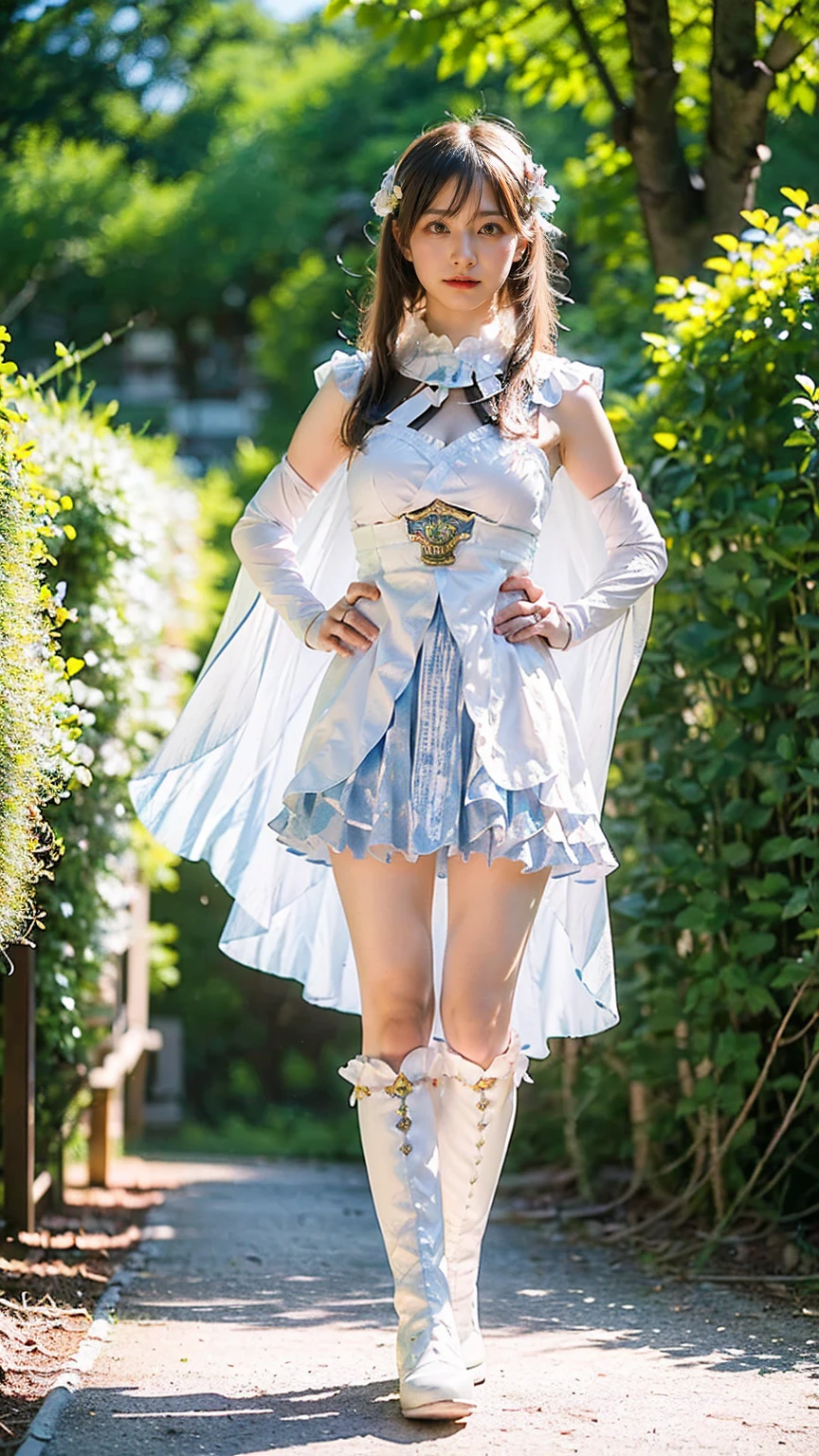 (8k、RAW Photos、Highest quality、masterpiece:1.2)、(Realistic、Realistic)、1 person、((White and light blue、garden、Frills、Cape、mini skirt、Thin legs、whole body、boots、View from the front、Looking into the camera、Stand with hands on hips))、cute