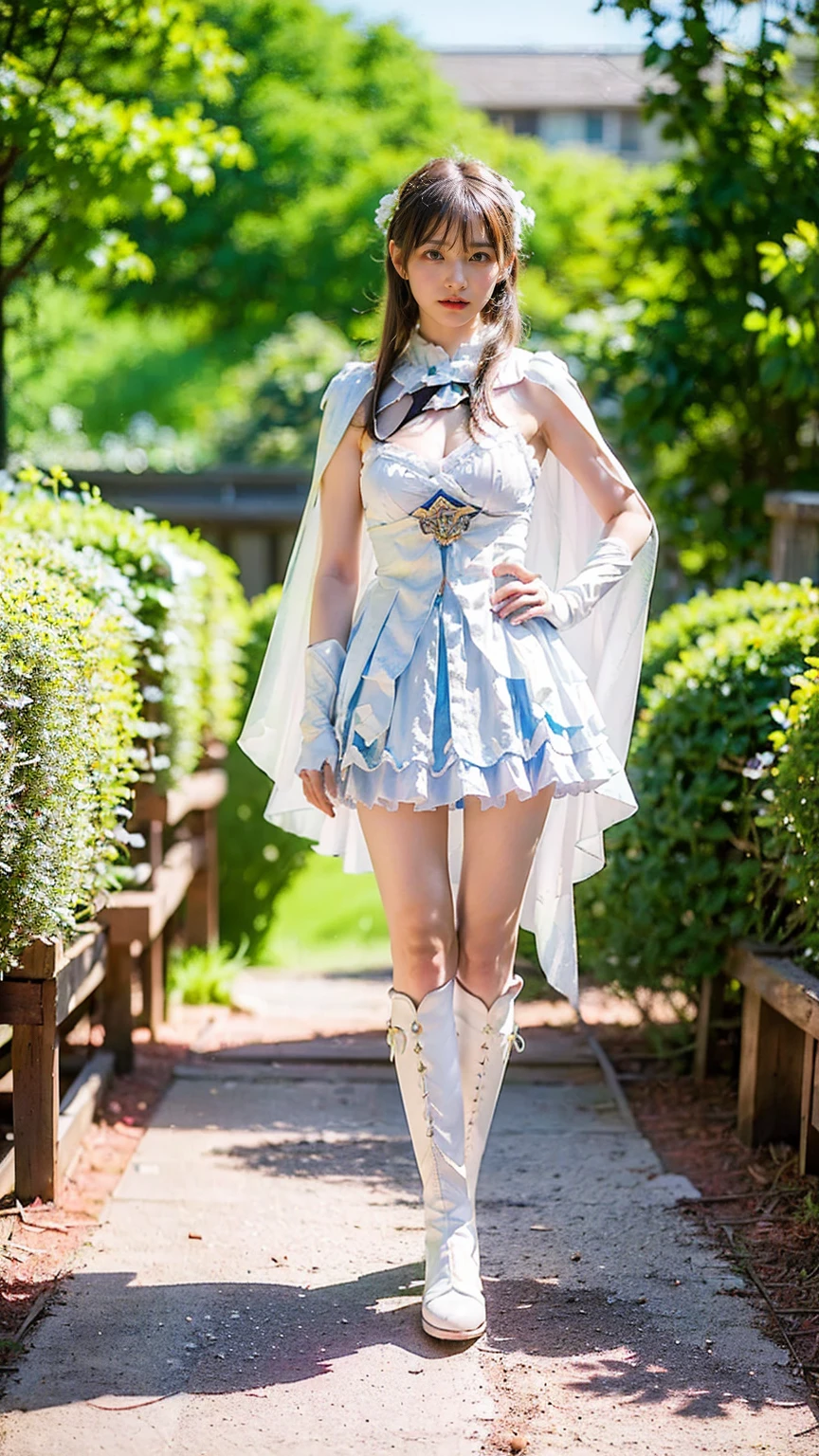 (8k、RAW Photos、Highest quality、masterpiece:1.2)、(Realistic、Realistic)、1 person、((White and light blue、garden、Frills、Cape、mini skirt、Thin legs、whole body、boots、View from the front、Looking into the camera、Stand with hands on hips))、cute