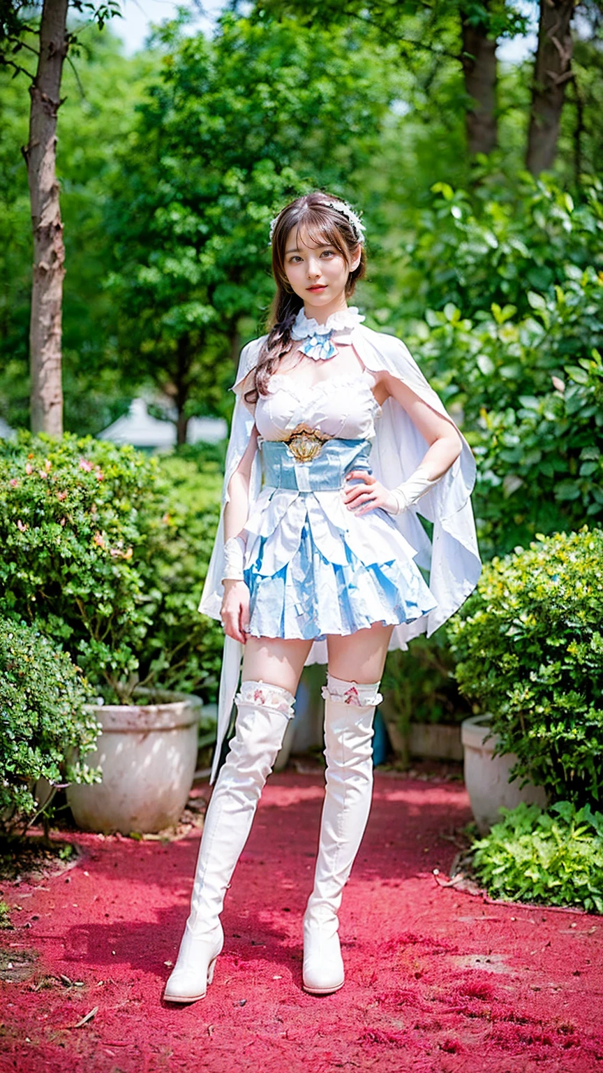 (8k、RAW Photos、Highest quality、masterpiece:1.2)、(Realistic、Realistic)、1 person、((White and light blue、garden、Frills、Cape、mini skirt、Thin legs、whole body、boots、View from the front、Looking into the camera、Stand with hands on hips))、cute