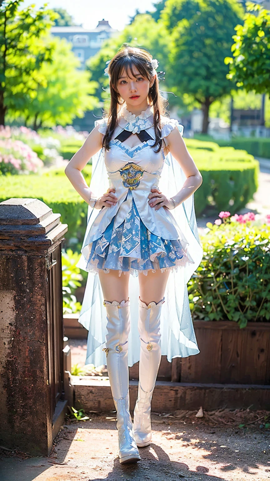 (8k、RAW Photos、Highest quality、masterpiece:1.2)、(Realistic、Realistic)、1 person、((White and light blue、garden、Frills、Cape、mini skirt、Thin legs、whole body、boots、View from the front、Looking into the camera、Stand with hands on hips))、cute