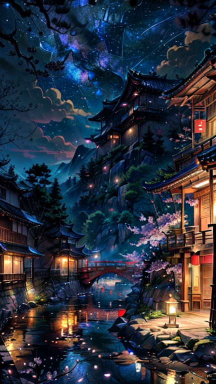 (masterpiece, best quality:1.2), (\sai bo gu feng\), landscape, no humans, tree, Sky, night, Star \(Sky\), Outdoor sports, architecture, night Sky, east asian architecture, reflection, Starry Sky, building, water, bridge, Cherry blossoms, railing,