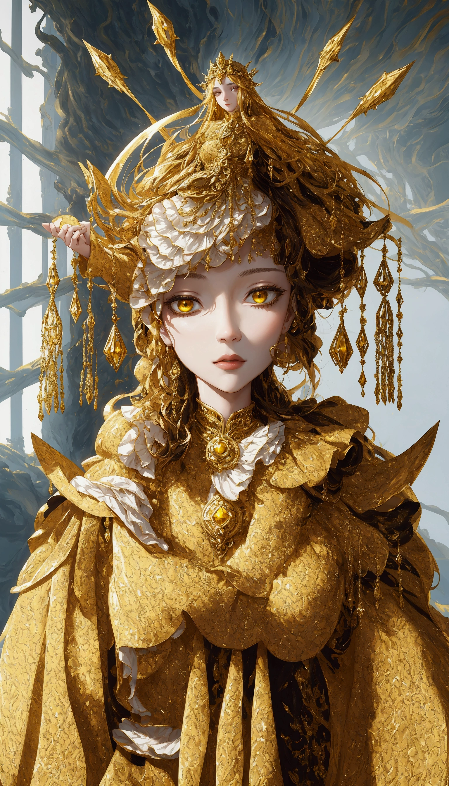 there is a woman in a yellow dress with a gold headpiece, a beautiful fantasy empress, hyperdetailed fantasy character, beautiful full body character, cute girl 