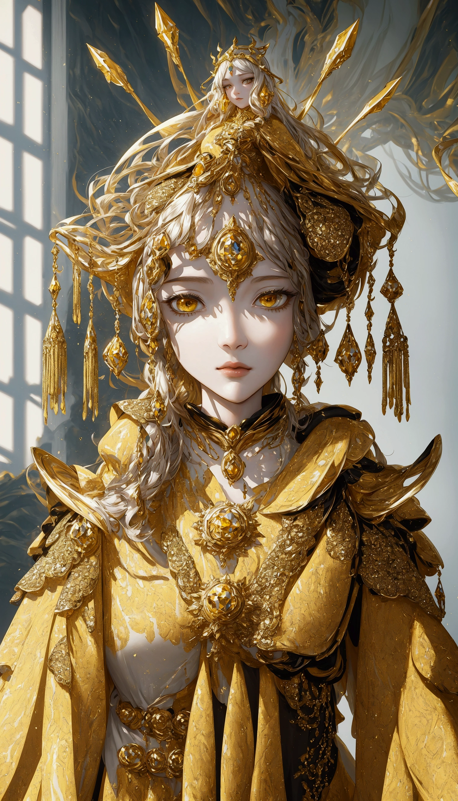 there is a woman in a yellow dress with a gold headpiece, a beautiful fantasy empress, hyperdetailed fantasy character, beautiful full body character, cute girl
