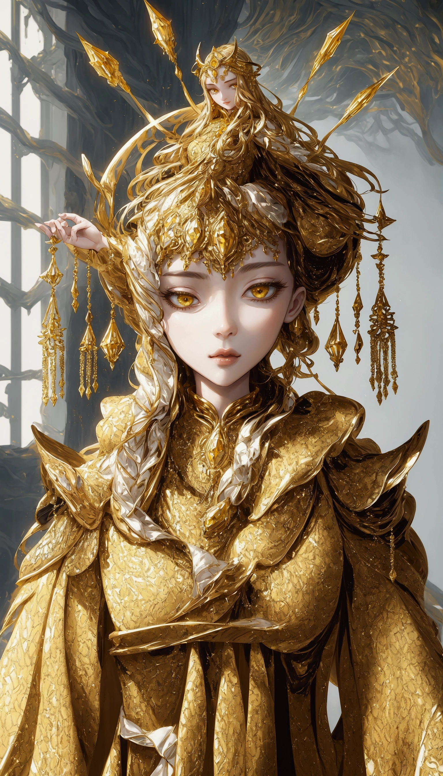 there is a woman in a yellow dress with a gold headpiece, a beautiful fantasy empress, hyperdetailed fantasy character, beautiful full body character, cute girl