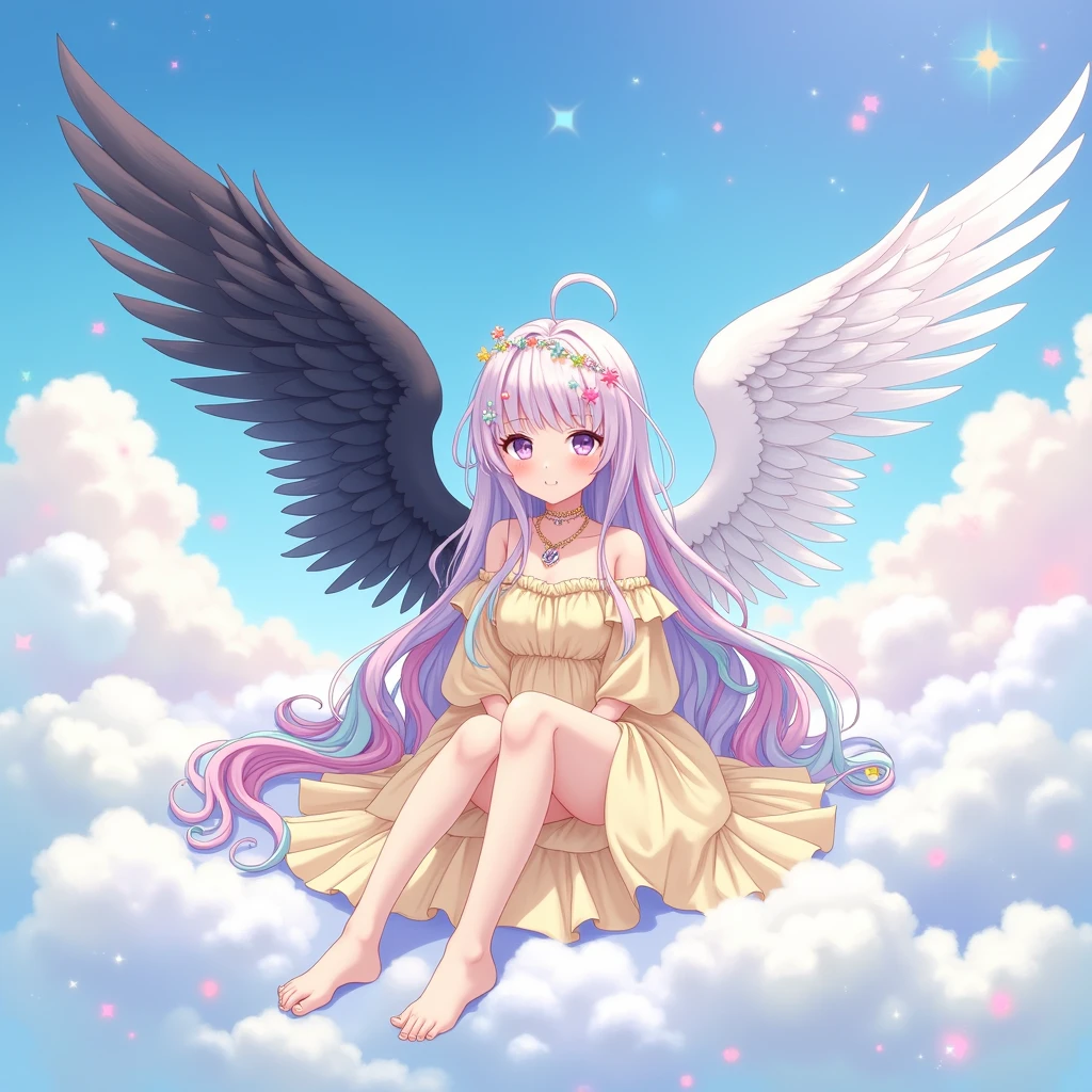 high resolution, 1 girl, angel, right wing is black, (left wing is white), different colored wings, long hair, rainbow hair, smiling, blue eyes, accessories, pale yellow dress, off shoulder, high resolution, masterpiece, anatomically correct, best quality, extremely detailed, illustration of girl sitting on clouds, anime, anime style