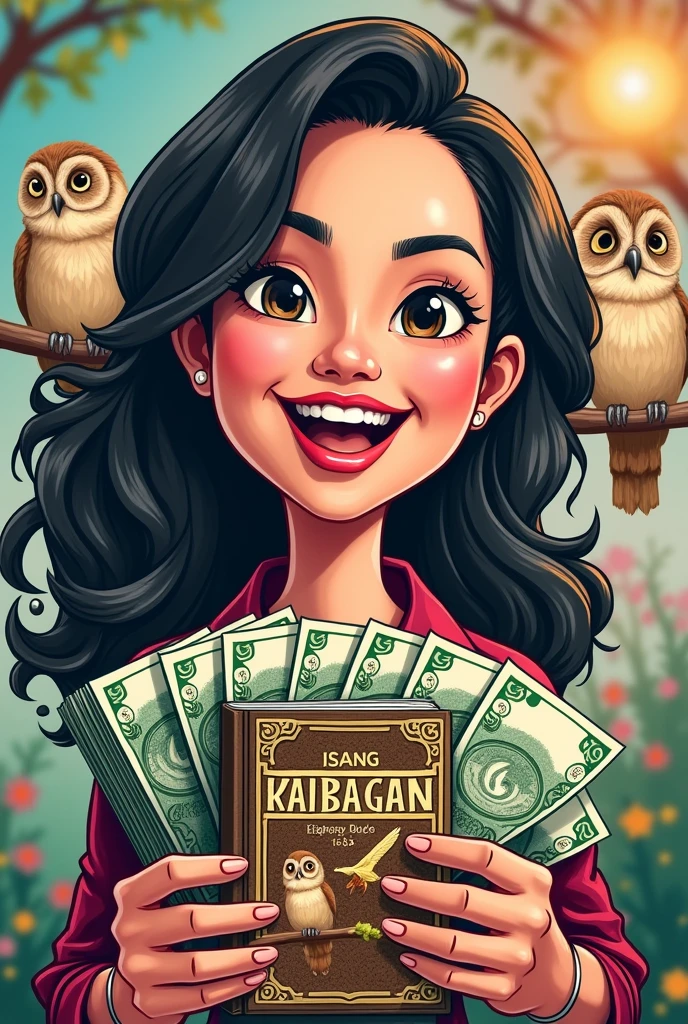Make a funny cartoon picture of Vice President Sarah Duterte holding 10 million pesos and her book titled "Isang Kaibigan" with owl and parrot as the book's cover. Make it realistic and for meme