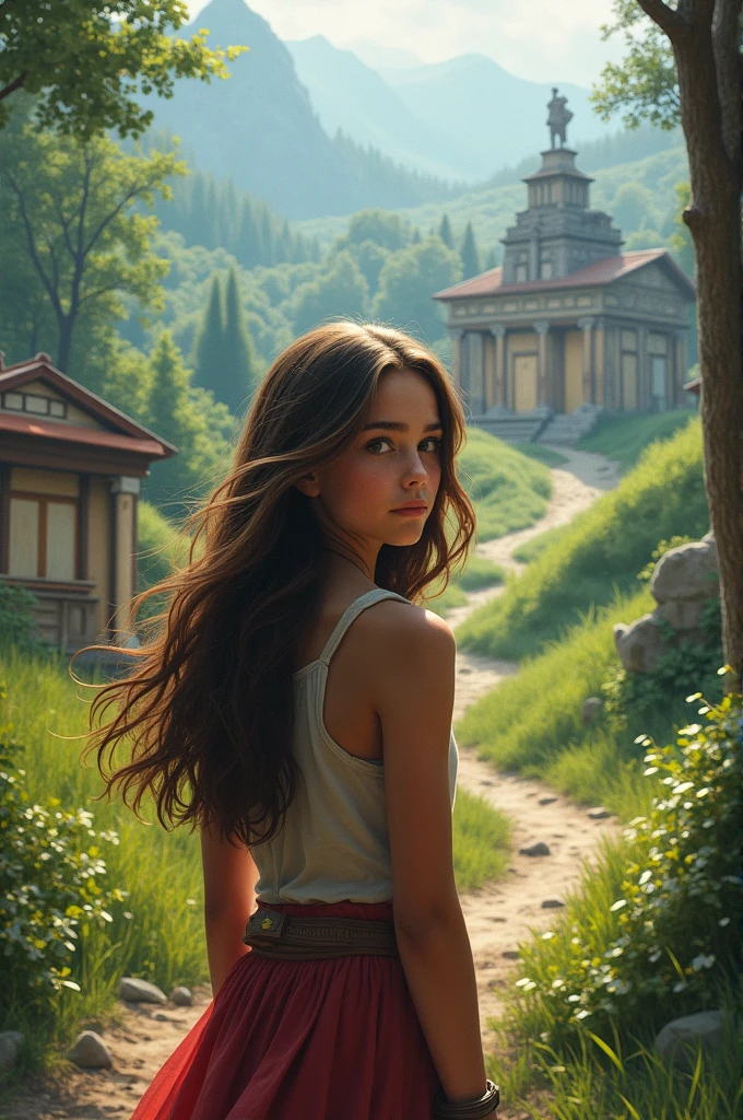 A thirteen year old girl with brown hair visiting Camp Half-Blood