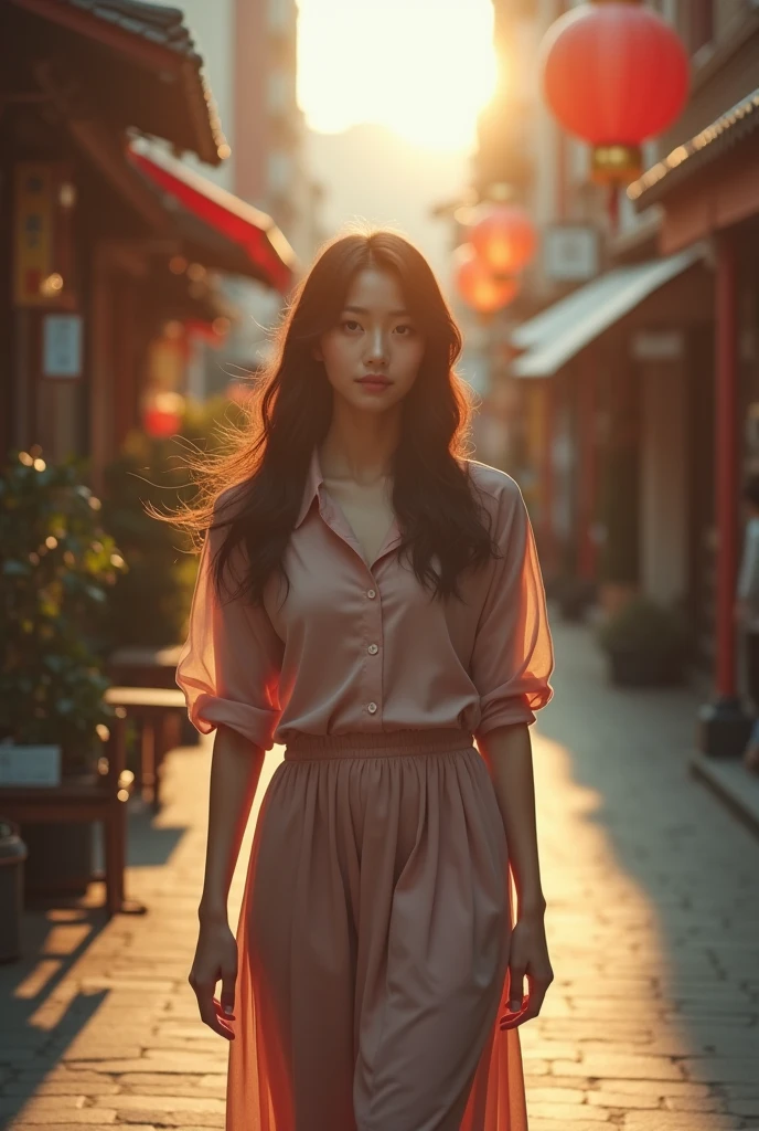 Korea girl walking on the street, cinematic style soft lighting glow effect