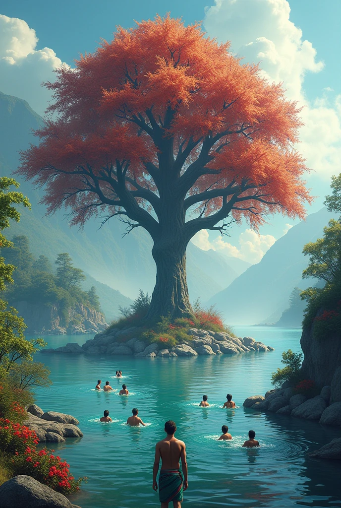 Nepali flag tree and lake centre flying many member swimming their and god mahadev ( Siva) also looking this flag 