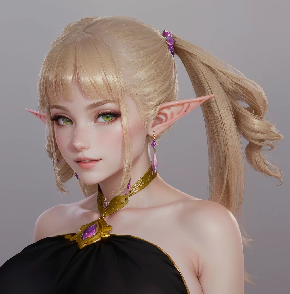 Image of a woman with twin tails and a necklace, Elf Girl, Ultra-detailed fantasy characters, Elf Princess, elven character with smirk, Elf portrait, Female Elf, Highly detailed characters, beautiful and elegant Female Elf, Photorealistic Anime Rendering, (((gone crazy))) Elf Princess, a Elf portrait, She has elven ears and golden eyes
