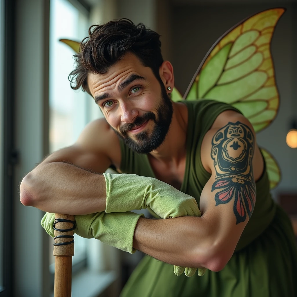 realistic photo for social media of a 33 year old man, born in Atibaia, tattoo on right arm, ear rings, dark beard, very white skin, short dark brown hair, small straight nose, sunken eyes green color, sexly. He is dressed as a fairy, using cleaning gloves, leaning on a broom. He is cleaning a dirty modern apartment and smiling shyly