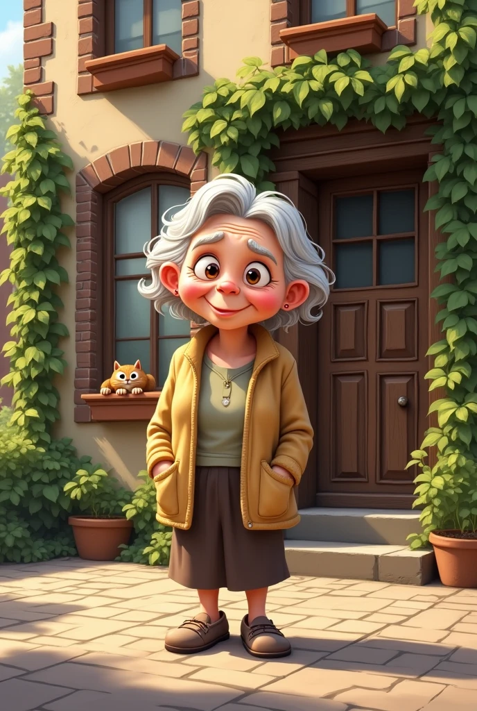 Building with an old lady in front in cartoon style
