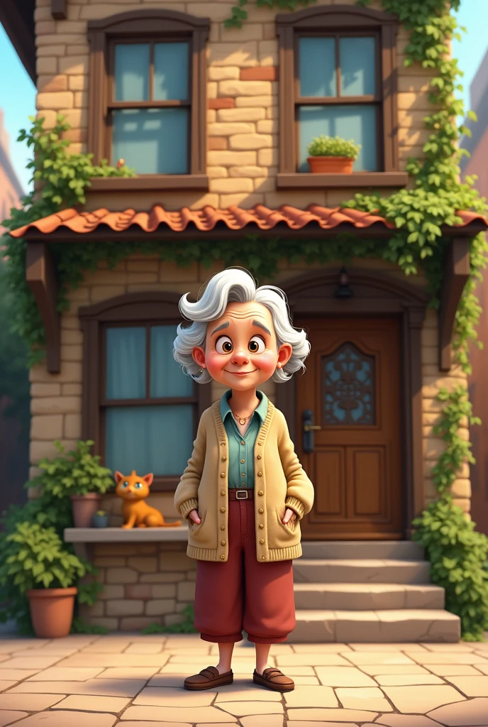 Building with an old lady in front in cartoon style