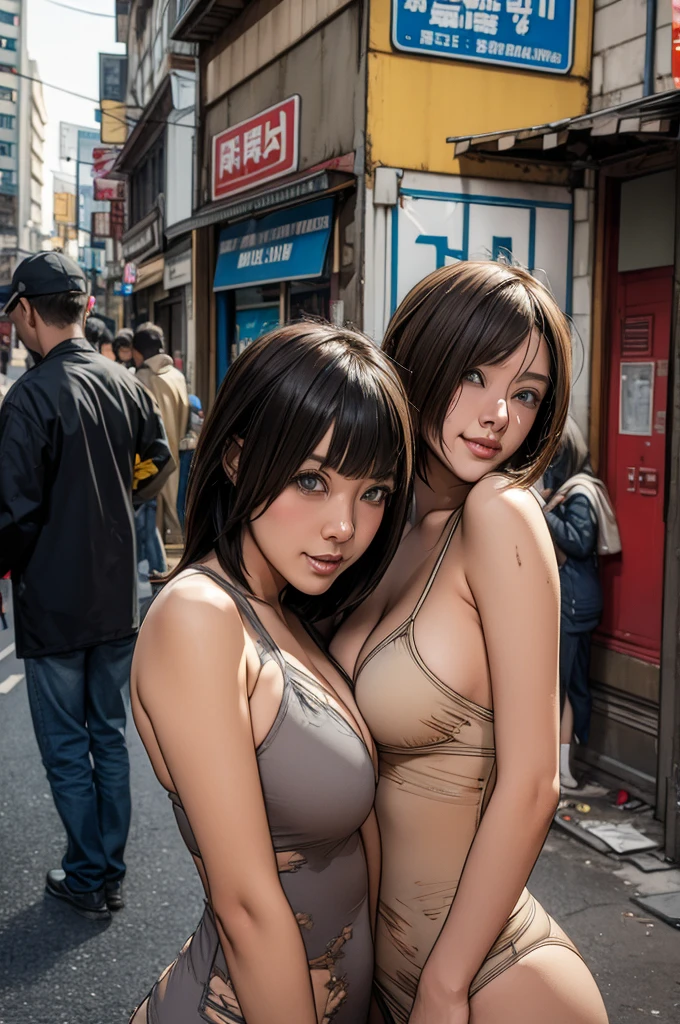 Two people,((Two people)),cute,Browsing Caution, ,Bobcut,,Long Hair.glamorous, Sensual, stand, dirty street,Torn wear,,smile. dirty